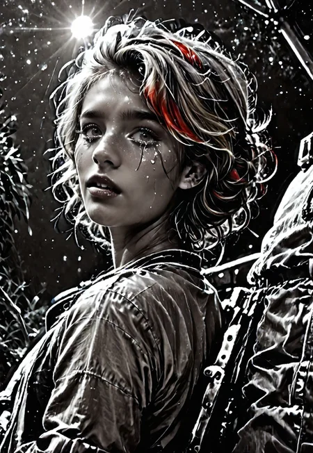score_9, score_8_up, score_7_up, Realistic, cinematic shot, selective color, monochrome background, 4k, Gadget, side view,
1girl, solo, 
(((Girl in an alien forest, correct hand anatomy, shocked, scared, terrified, crying, tears, standing, lost, mouth open, gasping, looking over her shoulder, strained face,  dramatic angle, rear view, view from back, looking back, looking at viewer, from behind, facing away from the viewer, full body shot))), 

blonde, grayscale with red highlights, 18yo, smile, perfect face, stunning, breathtaking face, detailed face, perfect teeth, expressive eyes, extremely cute, medium boobs, round stomach, easynegative, ALRGFC, alluring face, sexy, hetero, flushed, red top of cheek,

Work clothes, space mechanic outfit,

Detailed background, alien jungle, alien flowers, alien fauna, lianas, impossible trees, two moons, outdoors,

pdcUitCU5_, highres, absurdres, in focus, sharp focus, negative_hand,

Stable_Yogis_PDXL_Positives, CyberRealisticPony_POSV1, 