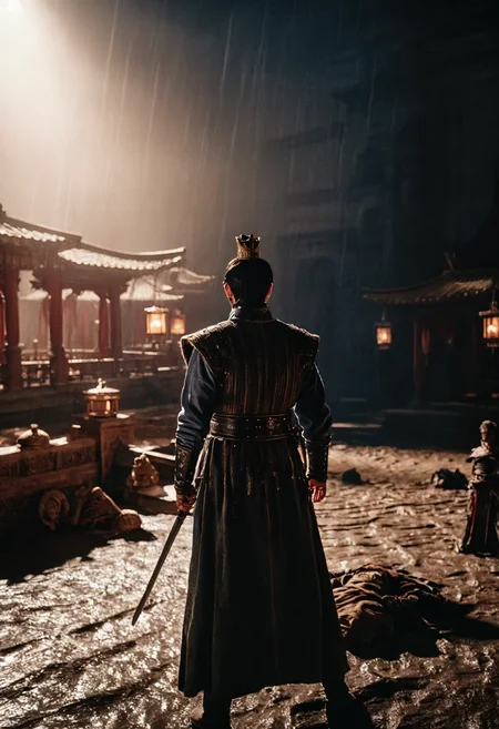 Hero cinematic still a man in hanfu,Horror,wuxia,swordman. emotional, harmonious, vignette, 4k epic detailed, shot on kodak, 35mm photo, sharp focus, high budget, cinemascope, moody, epic, gorgeous, film grain, grainy. Color-themed narratives, calligraphy, strategic battles, palace intrigue, vast deserts, rain-soaked duels, cinematic, highly detailed, excellent composition, dramatic atmosphere, dynamic, vibrant colors, perfect background, aesthetic,, great full detail, creative, positive, cheerful, unique, best, inspiring, beautiful, futuristic, inspired, glossy, glowing, deep vivid color, winning, illuminated, pristine