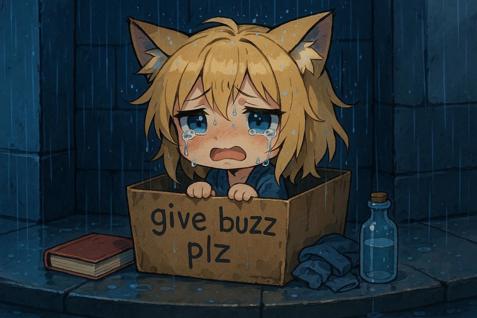 Sad, crying anime chibi catgirl in a cardboard box that reads "give buzz plz". She has blonde, fluffy, messy hair. Beside the box she has few belogings such as a book, some clothes and a bottle. The scene takes place in a sad corner of the street under a heavy rain that wets everything. No mexico filter. Use vivid color.