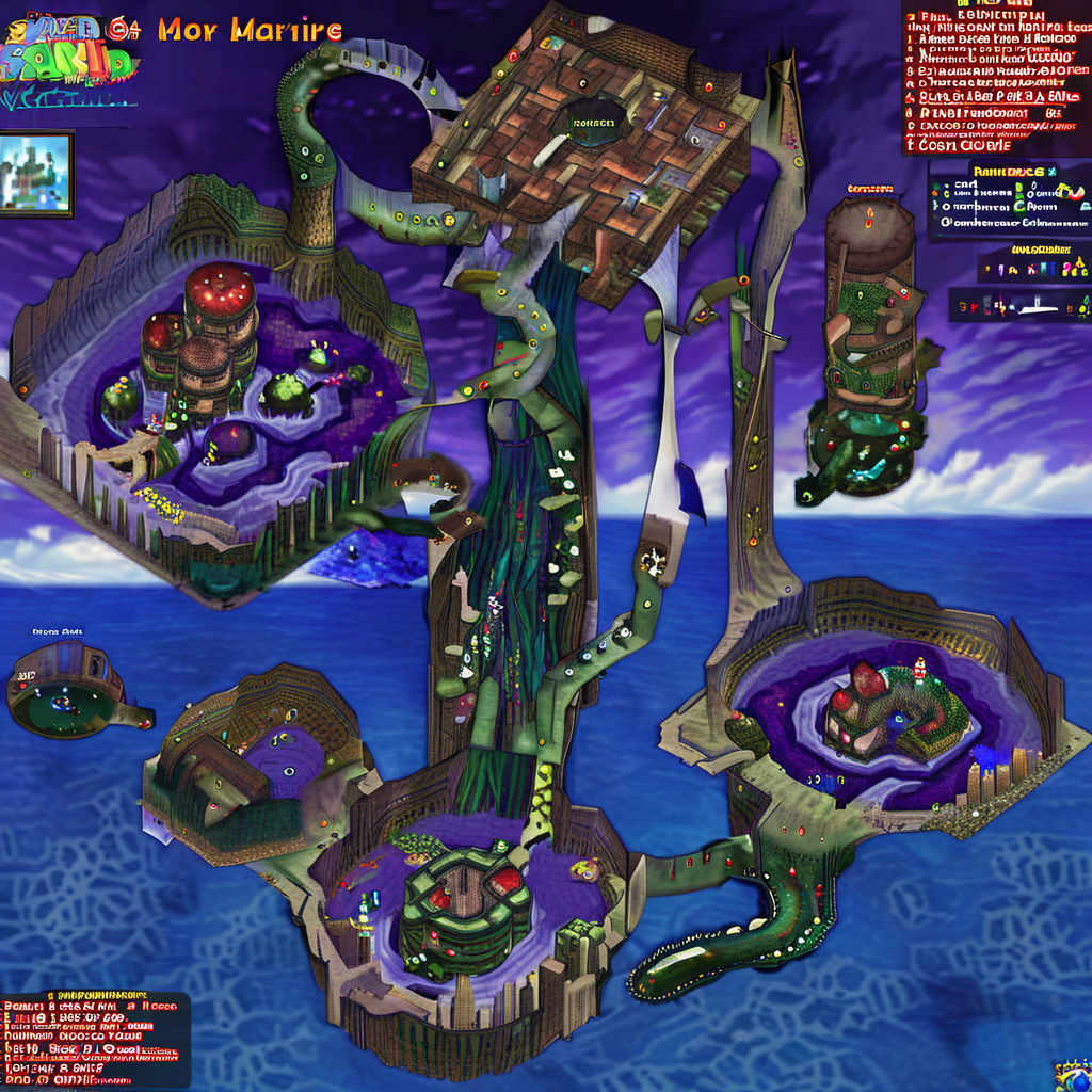 A once vibrant coastal metropolis lies submerged and reclaimed by nature after a cataclysmic event. Crumbling skyscrapers thrust up from the depths, their buildings overgrown with twisted vines and coralline structures. The shattered cityscape creates an eerie underwater maze of half-flooded streets and plazas teeming with mutated marine life. Players navigate between rays of diffuse sunlight piercing the waters while air pockets within intact structures provide momentary respite. Hazards include aggressive creatures, treacherous currents, compromised structures on the verge of collapse, videogame cartography <lora:VGMCARTOGRAPHY_v0.0.4:1>
