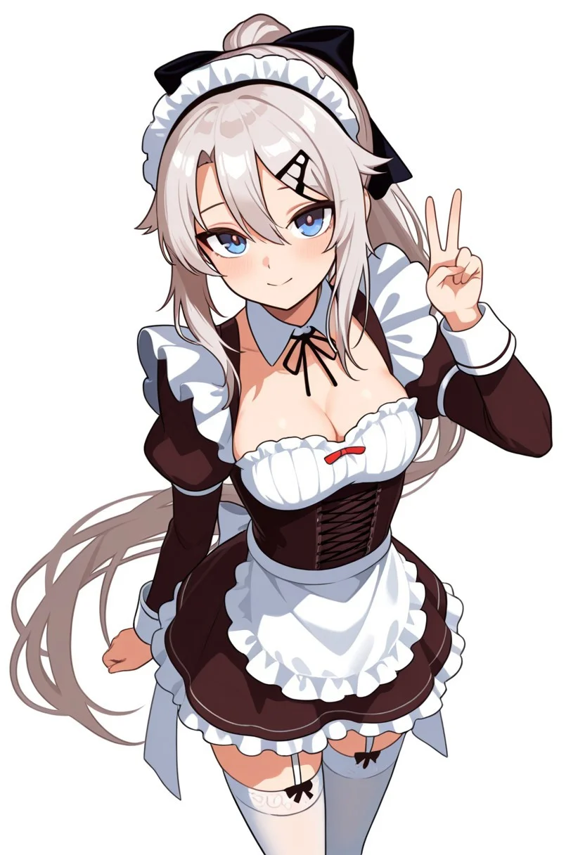 (9a-91 \(girls' frontline\), blue eyes, long hair, very long hair, silver hair, hair between eyes, hair ornament, star hair ornament), (ponytail, hair bow, hairclip, maid headdress, maid, detached collar, cleavage, waist apron, frills, long sleeves, garter straps, white thighhighs), (standing, V sign, peace sign, looking at viewer), simple background, white background, cute, pretty, BREAK (score 9, score 8 up, score 7 up, source anime), (score_9, score_8 up, score_7 up, source_anime), (masterpiece, best quality, high quality, absurdres, absolutely resolution, incredibly absurdres, high res image, 8K),