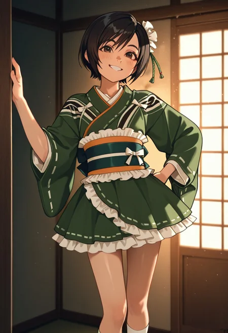 masterpiece,best quality,amazing quality,very aesthetic,absurdres,newest, detailed faces, (((typ0))), (vibrant, dynamic lighting, edge lighting), (dramatic lighting:1.5), (detailed faces:1.5), (detailed eyes:1.5), bedroom
BREAK
(1girl: Yuffie Kisaragi, black hair, short hair, asian, petite, WutaiYuffie, green kimono, japanese clothes, frills, wide sleeves, obi, kimono skirt, ribbon trim, sash, hair ornament, socks, sandals)
BREAK
smile, sexy pose