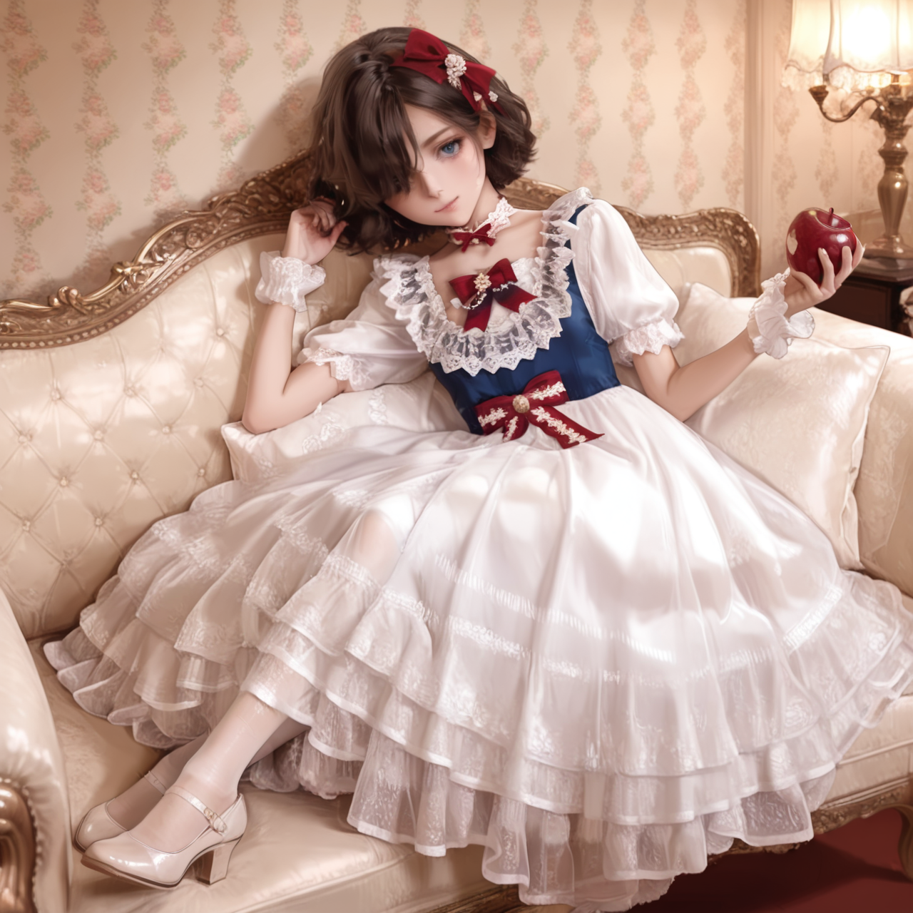 Positive: Masterpiece, best quality, amazing quality, very aesthetic, high resolution, ultra-detailed, absurdres,
1girl, solo, 
Mirakin,
brown hair,short hair,blue eyes,
hair over one eye,
blue top white skirt red accented lace bow dress,
blue vest,white dress,red bow,puffy short sleeves,frilled dress,lace trim,apron,wrist cuffs,choker,lace,frills,
hair bow,
white pumps with bow,white_pantyhose, 
full_body,lying,holding an apple,crossed_legs, 
French vintage, ornate furniture, gilded mirrors, floral wallpaper, velvet drapes, warm lighting, porcelain accents, vintage chandeliers, rococo details, romantic ambiance，