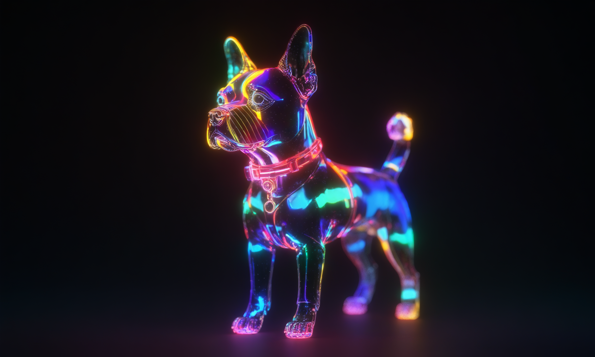 <lora:shineglasscd_xl-000005:0.7>,a (shineglasscd_xl,shine glass,neon lights,light particles,colorful:1.3,gradient,chromatic aberration) mechanical dog,no humans,long-focus,tilt-shift,dark background,simple background,full body,chinese zodiac,cutie,cute,still life,front view,facing viewer,looking at viewer, emotional,harmonious,high budget,moody,epic,gorgeous,perfect lighting,realistic,photorealistic,photographic,photo (medium),real,moody lighting,volumetric lighting,reality ray tracing,8K,HDR,UHD,masterpiece,best quality,highly detailed,high resolution,finely detail,extremely detailed,ultra detailed,wallpaper