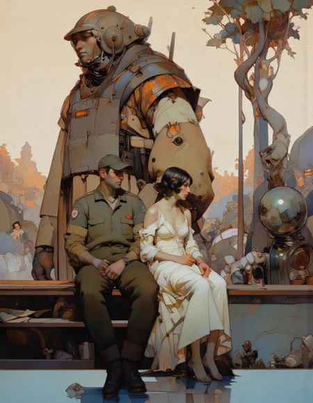 Steve McDonald Art. This is a digital painting with a surreal, futuristic style. The scene depicts a man and a woman sitting on a ledge overlooking a vast, industrial landscape. The man, wearing a utilitarian, olive-green jumpsuit and a matching cap, has a muscular build and short, dark hair. The woman, dressed in a flowing, white gown that drapes elegantly around her, has short, dark hair and a delicate, almost ethereal appearance. Both are seated on a wooden bench that extends into the foreground.
In the background, a colossal, mechanized figure looms large, its massive, armored form dominating the scene. The figure is a fusion of organic and mechanical elements, with glowing, orange lights and intricate, metallic details suggesting advanced technology. The background is bathed in a warm, golden light, casting a soft glow over the entire scene.
To the right of the bench, a tree with twisted, almost alien-like branches reaches into the sky, adding an element of nature amidst the industrial environment. Below the ledge, there are various small, metallic sculptures and objects, hinting at a collection or art installation. The painting's texture is smooth, with subtle gradients and washes of color that enhance the dreamlike atmosphere. <lora:Steve_McDonald:1.25>