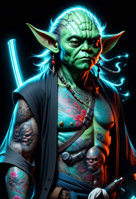 masterpiece, best quality, <lora:EPIrezumiWorldSDXL_epoch_5:1.2>, EPIrezumiWorld, scifi, neon glowing, tattoo, irezumi, Pirate Yoda, highly detailed, digital painting, artstation, concept art, smooth, sharp focus, illustration, art by Krenz Cushart and Artem Demura and alphonse mucha