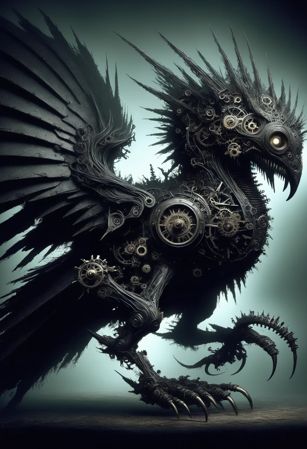 enormous avian scaled eclectic wormlike entity, padded appendages, spiked-tailed, spiky scales, tufted ears, mechanical wings made of gears and cogs and clockwork, ,DonM3v1lM4dn355XL, stygical, evil, dark <lora:DonM3v1lM4dn355XL-000010:1.0>