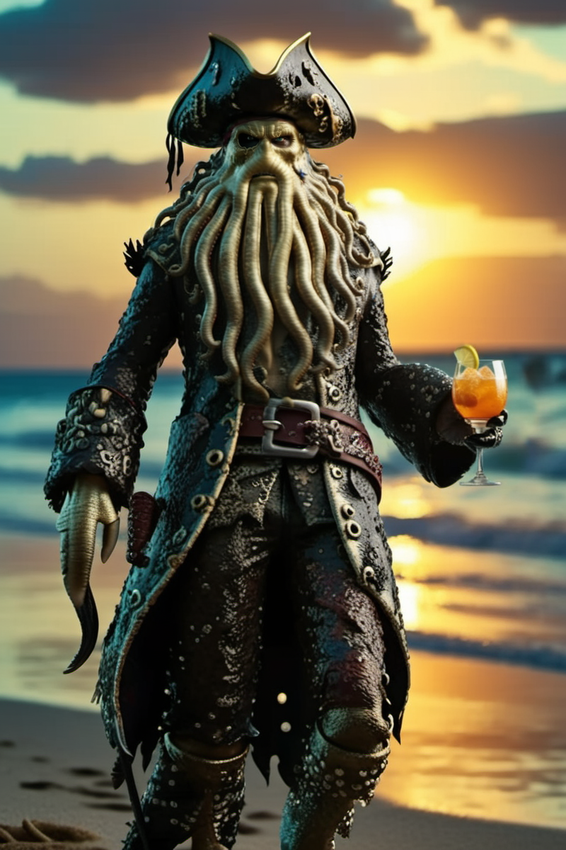 cinematic photo,DavyJones1024 , full body, a pirate with a clawhand, holding a cocktail, beach, sunset, highly detailed ,ultra sharp, photograph, film, bokeh, professional, 4k, highly detailed  <lora:DavyJones1024-000410:0.7> <lora:add-detail-xl:1.5>