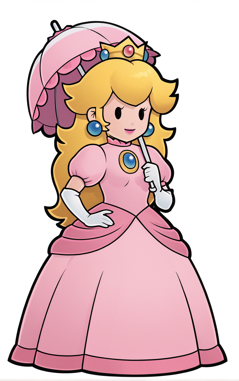 score_9, score_8_up, score_7_up, looking at viewer,  BREAK
Umbrella_PaperPeech_ownwaifu, 
princess peach, 1girl, blonde hair, umbrella, pink dress, long hair, elbow gloves, crown, jewelry, earrings, parasol, lipstick, chibi, outline, gem, white gloves, long dress, puffy short sleeves, solid oval eyes
(contrapposto, hand on hip),
<lora:PONYXL_PaperPeech_ownwaifu:1>