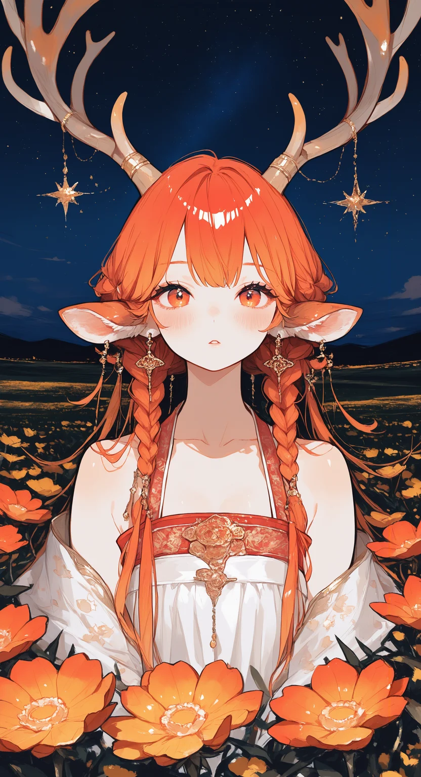 masterpiece, best quality, good quality, very awa, very aesthetic, absurdres, newest,1girl, solo, long hair, looking at viewer, blush, red eyes, delicate hanfu, highly detailed, animal ears, jewelry, bare shoulders, collarbone, braid, flower, earrings, red hair, parted lips, horns, sky, sleeveless, orange hair, orange eyes, sleeveless dress, night, red flower, star \(sky\), night sky, starry sky, yellow flower, straight-on, antlers, field, flower field, orange flower, deer ears, multiple braids, deer antlers, deer girl <lora:ponyv6_noobV1_2_adamW-000017:0.7> <lora:745cmSDXLvpred75S:0.6> <lora:wl-illV1-000017:0.8>
