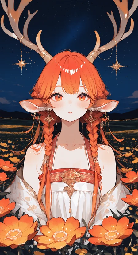 masterpiece, best quality, good quality, very awa, very aesthetic, absurdres, newest,1girl, solo, long hair, looking at viewer, blush, red eyes, delicate hanfu, highly detailed, animal ears, jewelry, bare shoulders, collarbone, braid, flower, earrings, red hair, parted lips, horns, sky, sleeveless, orange hair, orange eyes, sleeveless dress, night, red flower, star \(sky\), night sky, starry sky, yellow flower, straight-on, antlers, field, flower field, orange flower, deer ears, multiple braids, deer antlers, deer girl <lora:ponyv6_noobV1_2_adamW-000017:0.7> <lora:745cmSDXLvpred75S:0.6> <lora:wl-illV1-000017:0.8>