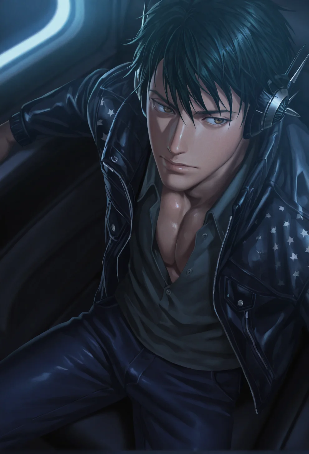 1boy, male focus, 2. Sitting, jacket off, shirt half-pulled up, pants unbuttoned:, close up_1.6, slightly from the side, slightly from above, dynamic angle, abstract background, masterpiece, best quality, amazing quality, ultra-detailed, absurdres, cinematic lighting, realistic shading, intricate details, shiny skin, newest, 8k resolution, octane render, <lora:Prince_of_tennis_Echizen_Ryoga:0.8>