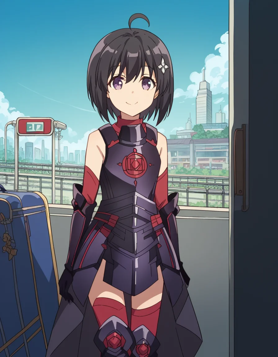score_9, score_8_up, score_7_up, source_anime, <lora:bofuri-maple-s2-ponyxl-lora-nochekaiser:1>, maple, short hair, bangs, black hair, hair ornament, purple eyes, ahoge, bob cut,, thighhighs, gloves, bare shoulders, boots, black gloves, elbow gloves, armor, red thighhighs, black armor,, train station, waiting for train, suitcase, traveling, commute, city skyline, hands behind back,, smile, looking at viewer, hand reaching forward, knee up, arm down, solo,, cowboy shot, dutch angle
