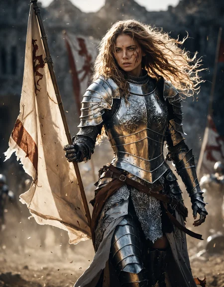 Mysterious armored female knight, with flowing hair and intricate armor, bathed in soft, ambient light.
Holding a torn banner or flag, with a grim expression, chaotic battlefield,
Realistic shadows cast by the armor, adding depth.High clarity on the figure, with a soft focus on the background.