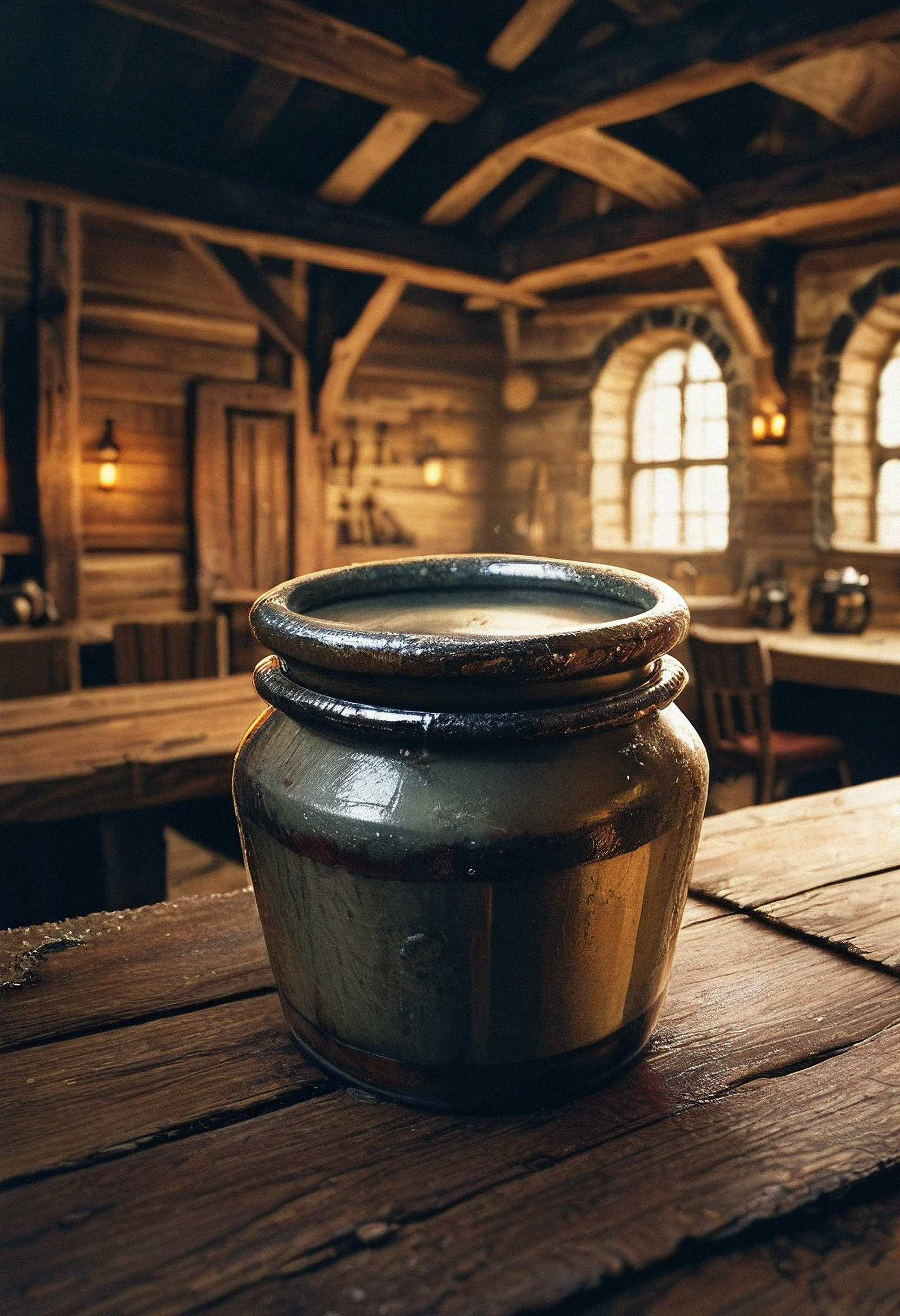masterpiece, best quality, amazing quality, realistic, interior, scenery, forniture, tavern, jar close-up, medieval fantasy, cozy, highly detailed, film grain, <lora:zy_illustrious_Realism_Enhancer_v1:0.9>