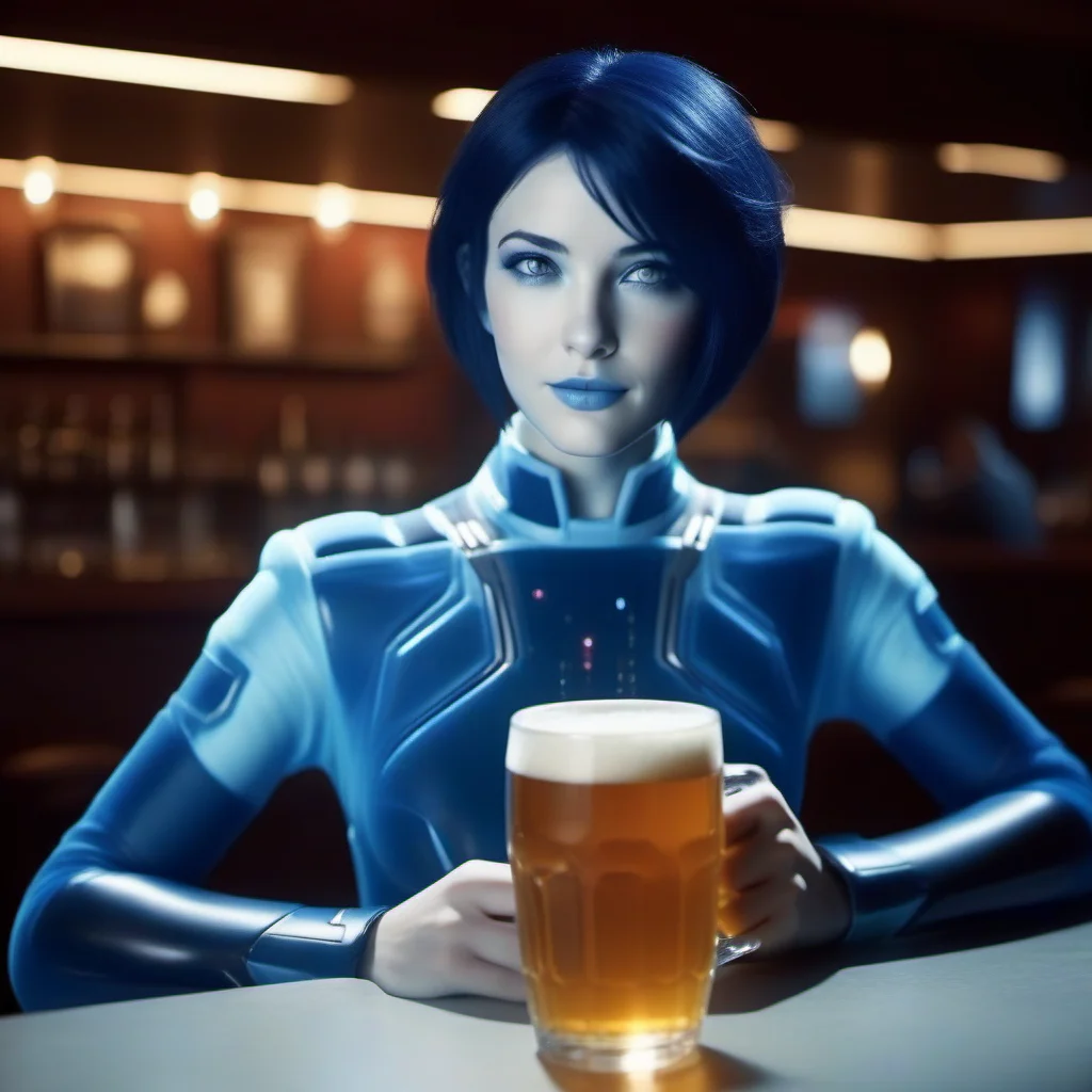 cinematic photo 1girl, short hair, blue skin, science fiction, having a beer in a pub <lora:Cortana1024:0.8> . 35mm photograph, film, bokeh, professional, 4k, highly detailed