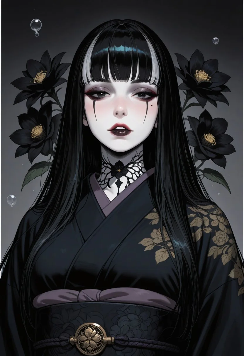 black background,simple background,Volumetric Lighting,looking at the viewer,glowing,1girl,mature female,milf,black hair,bubble,black eyes,solo,makeup,hime haircut,long hair,paleskin,colored skin,white skin,japanese clothes,kimono,eyeshadow,black hair,flower,black kimono,streaked hair,upper body,parted lips,grey background,black flower,black eyeliner,white border, masterpiece,best quality,amazing quality,high quality, newest, highres,8K,HDR,absurdres,vibrant colors,Volumetric lighting,cinematic,
<lora:iLLMythM4gicalL1nes:0.4>,m4gicall1nes,<lora:Sinozick_style:0.4>,sinozick_illu,zPDXL2,