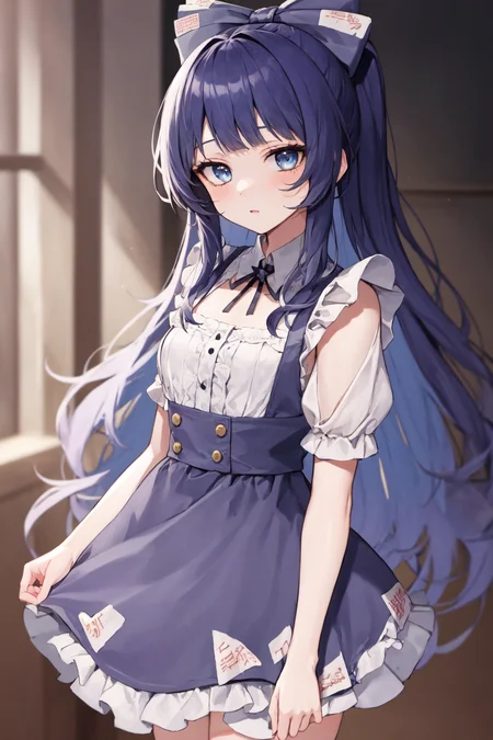 detailed background, masterpiece, best quality, 1girl, solo, yorigami shion, dark blue hair, very long hair, blue eyes, hair bow, grey maid dress, standing, looking at viewer,