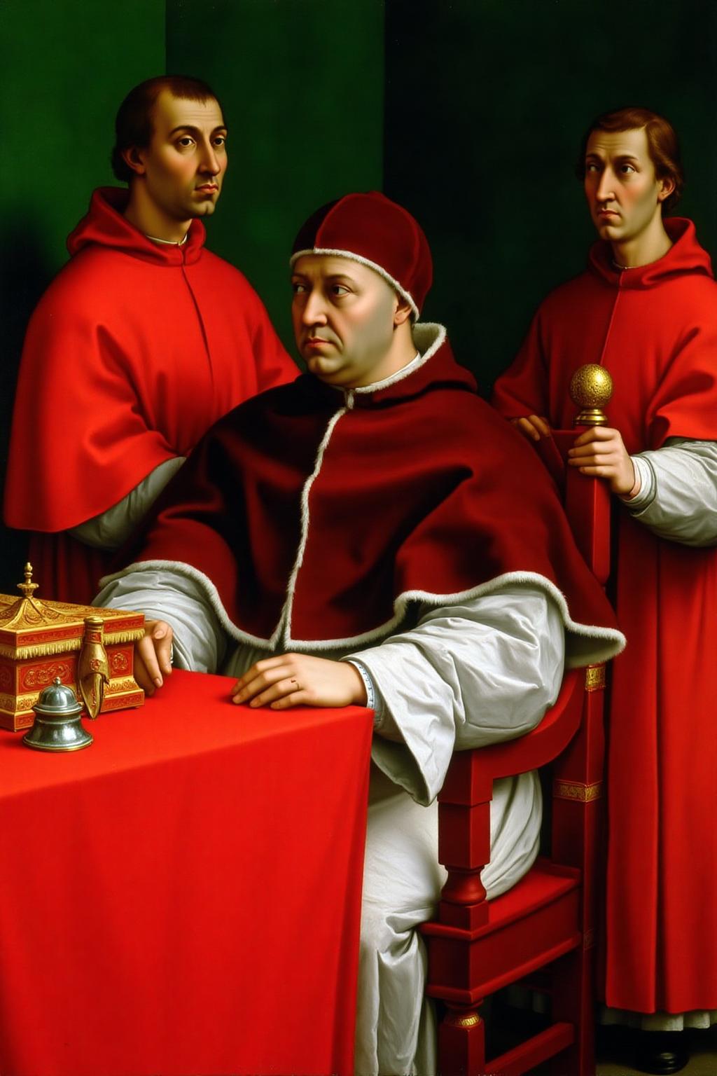 raphael1 painting.
A central figure is a man dressed in the elaborate red and white garments of the Pope, seated at a table covered with a red cloth. On the table, there is a small ornate box and a silver-colored object, possibly a ceremonial item. Two other priests stand beside the central figure, also dressed in red robes.
 <lora:raphael1_cap_d6a3:1.0><lora:843635111699276566:0>