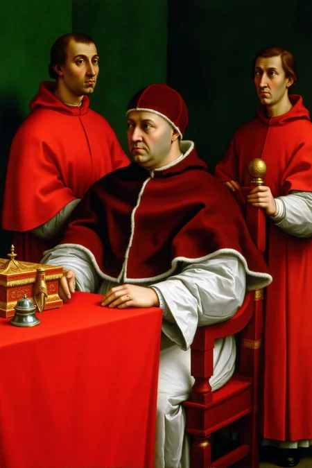 raphael1 painting.
A central figure is a man dressed in the elaborate red and white garments of the Pope, seated at a table covered with a red cloth. On the table, there is a small ornate box and a silver-colored object, possibly a ceremonial item. Two other priests stand beside the central figure, also dressed in red robes.
<lora:raphael1_cap_d6a3:1.0><lora:843635111699276566:0>