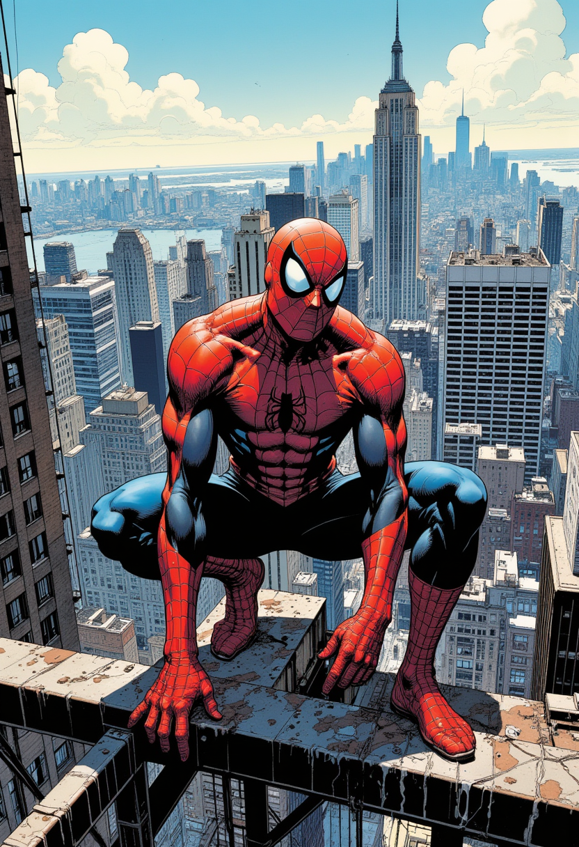 Comic book style, flat colors, Spiderman, man, (crouching down, spider-man pose, back to camera), facing away, male toned body, perched on top of a high metal construction site, spiderman mask, overlooking manhattan, buildings, somber moment, skyscrapers, looking down, detailed background, day time, (wide shot), foreshortened perspective, 3-point perspective, dutch angle.