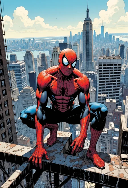 Comic book style, flat colors, Spiderman, man, (crouching down, spider-man pose, back to camera), facing away, male toned body, perched on top of a high metal construction site, spiderman mask, overlooking manhattan, buildings, somber moment, skyscrapers, looking down, detailed background, day time, (wide shot), foreshortened perspective, 3-point perspective, dutch angle.