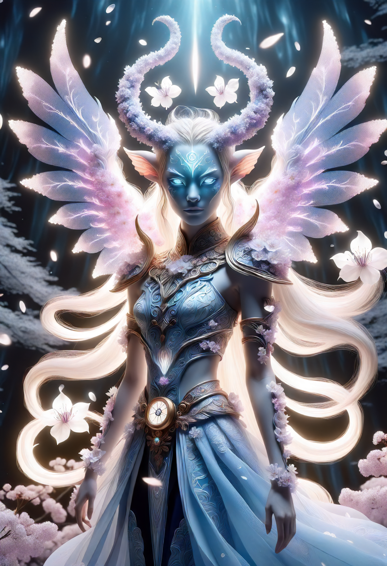 DonMS4kur4XL,sakura blossoms, female belial, demonic malevolent figure, horns, wings, tail, humanoid appearance, deceit, wickedness, rebellion, religious, mythological, demon, temptation, corrupting influence, malevolent force, midlife, svelte, european, honey eyes, pointed ears,  round chin with cleft,  soft cheeks,   unique body art,    , blonde half-up, half-down hairstyle hair, insecurity, using a magical compass to seek answers, orienting to magical energies, crystal wings     wearing   radiant aura  iron enigma trousers,  magician  glowing runes  manifest  water crystals sorceress caplets,         eye patch  emit ( wavy lines  skyblue spellbound  hexagonal prism  time paradoxes  rubber diffusion  superfluid  flowing magic:1.0), in the midst of a magical storm, controlling the elements around them, glowing runes   <lora:released\DonM3t3rn1tyXL-v1.1-000008:0.8><lora:myLora\DonMS4kur4XL-000006:0.8>