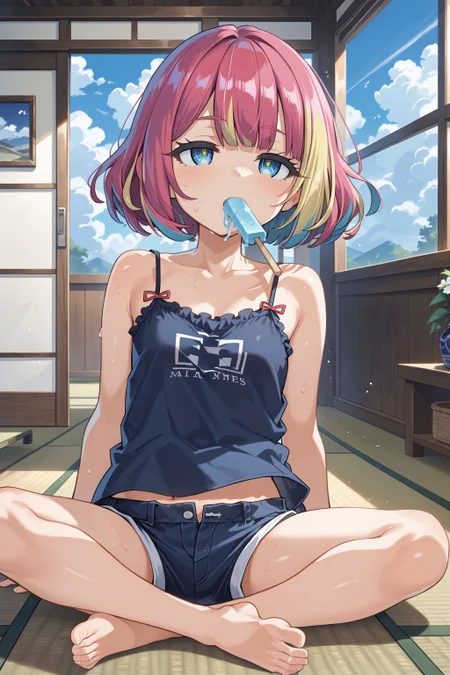 score_max, (score_9, score_8_up, score_7_up:1.0), score_6_up, official art,
masterpiece, absurdres, high detail, 8k,
tatami, wind chime. window, blue sky, cumulonimbus cloud, summer, dark room,
sitting, legs apart, arms at side, eating popsicle, looking up, half-closed eyes, sweat,
avarin, multicolored hair, camisole, navel, short shorts, barefoot,
<lora:XL_Pony_MGCM-avaritia-t2:1.0>