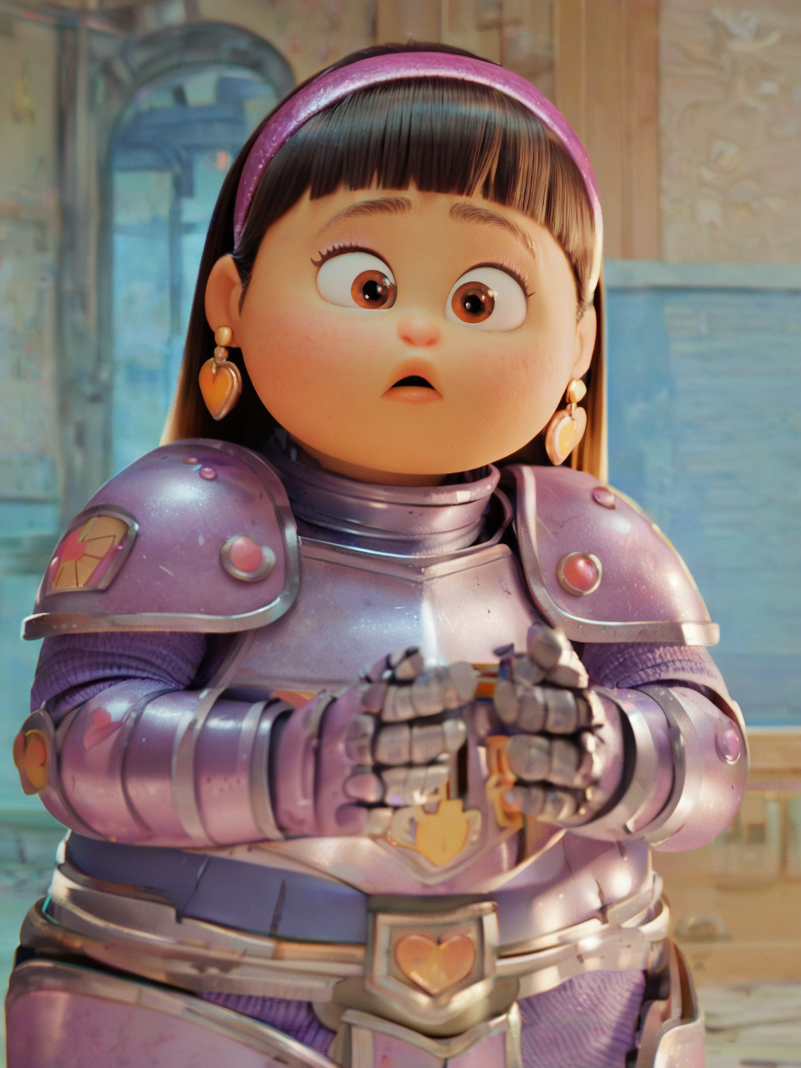 <lora:Abby_Park:0.9> a_p, 1girl, plump, long black hair, fringe hair, brown eyes, hairband, heart earrings,    ((steel knight armor)), castle background, score_9, score_8_up, score_7_up,