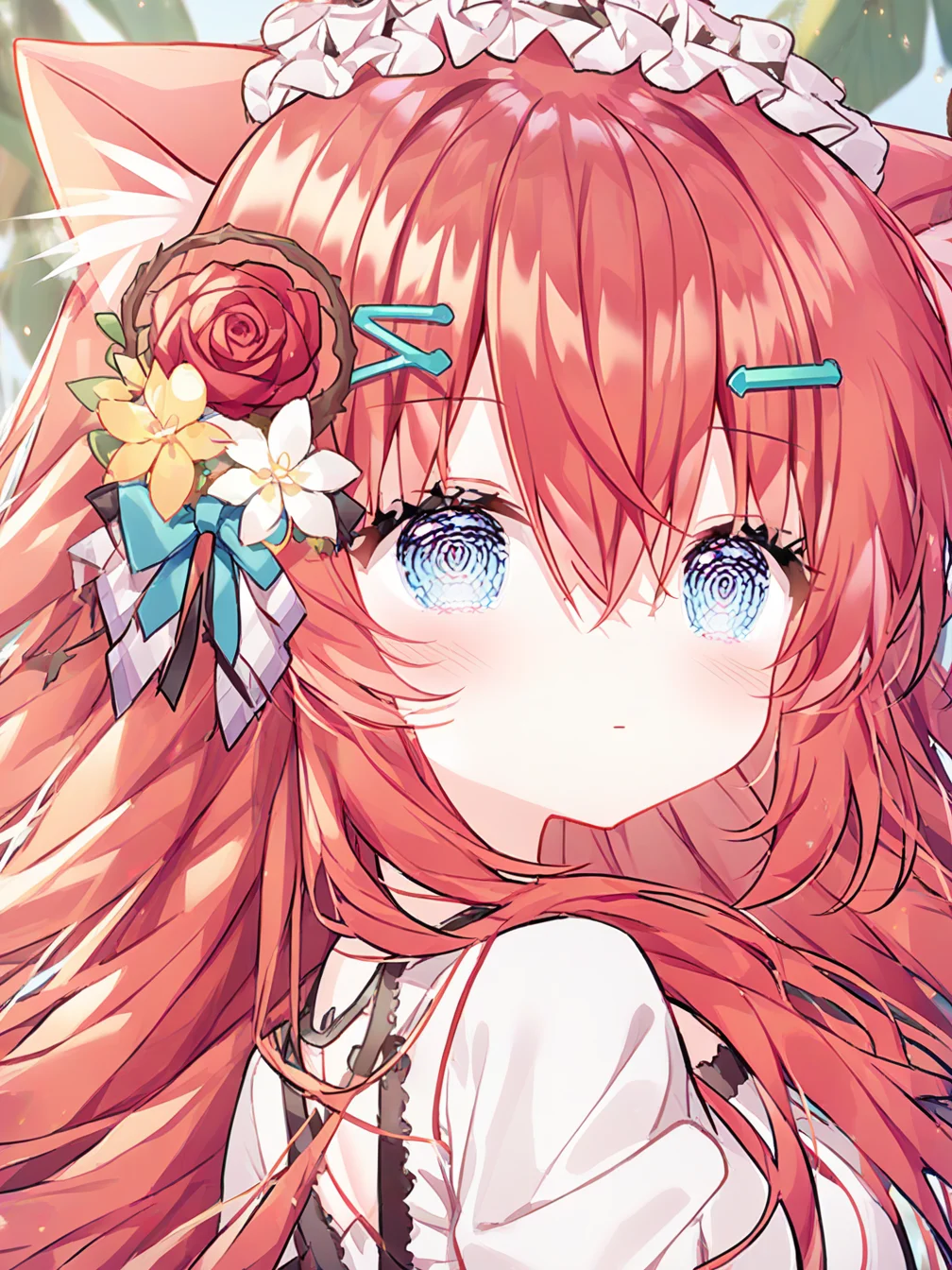 1girl,solo,animal ears,animal ear fluff,cat ears,hair ornament,yellow flower,hair flower,long hair,red hair,hair between eyes,blue eyes,shirt,white shirt,looking at viewer,collarbone,blush,
flower,hair flower,hatsune miku,red flower,hair ornament,dappled sunlight,sunlight,branch,looking at viewer,portrait,blurry,head wreath,rose,white flower,upper body,leaf,looking back,orange flower,red rose,blue eyes,yellow flower,
<lora:ag31-guo_jiang_mullay_2-000024:0.9>,