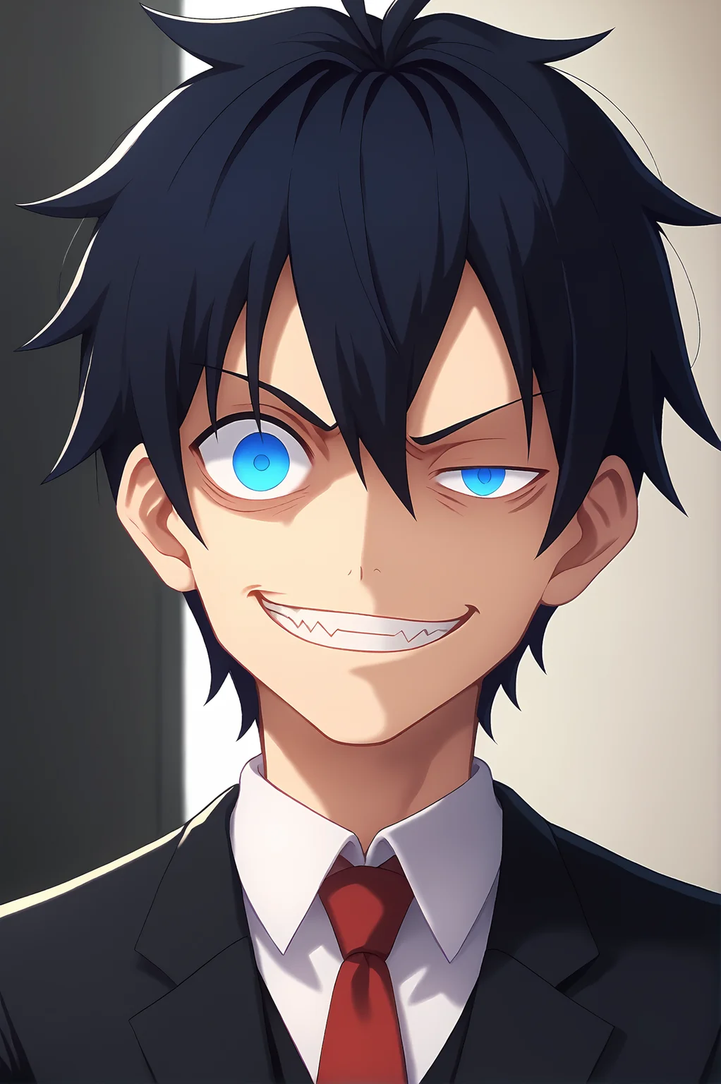 score_9,
<lora:uneven_eyes_v1_pruned:1>, (uneven eyes:1.2), looking at viewer, constricted pupils,
grin, upper body,
1boy, black suit, young, black hair, tilted head, red necktie, blue eyes, hair between eyes,
slim,
high resolution, Masterpiece