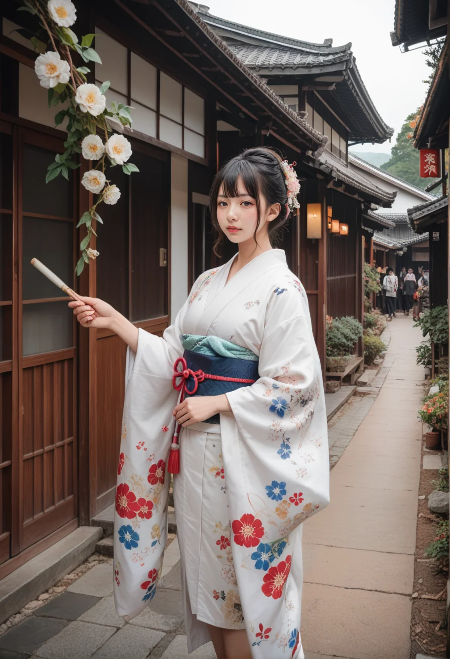score_9,score_8_up,score_7_up,8k,1girl,solo,,ruanyi0712,floral print,white kimono,obijime,wide sleeves,,ruanyi0710,outdoors,<lora:0712 kimono_v1_pony:0.6>,<lora:0710 Nakasen Road_v1_pony:1>