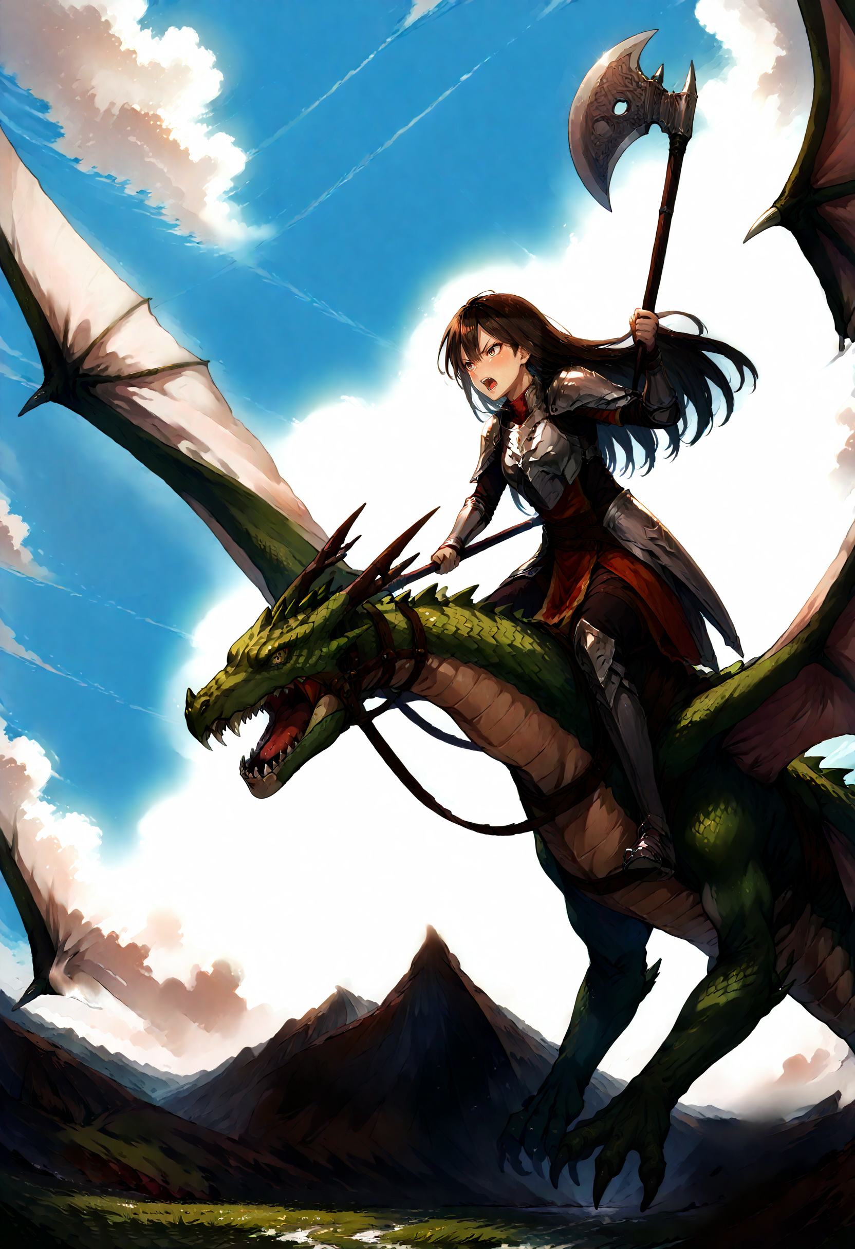 score_9,score_8_up,score_7_up,zPDXL3,unaestheticXL_3x3,field,sky,1girl,1other,from_side,<lora:Pony_DetailV2.0:1>,
BREAK wyvern rider,dragon wings,knight,green dragon,dragon riding,axe,holding axe,holding weapon,flying,<lora:wyvern rider-pony-v2:0.9>,fighting stance,v-shaped eyebrows,serious,screaming,glaring,