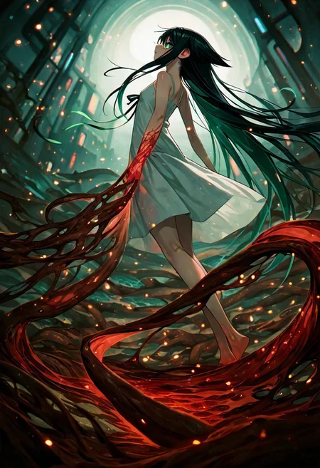 score_9, score_8_up, solo ,( saya ) , \(saya no uta   , 1girl , bare shoulders , feet
bare shoulders , black hair , black ribbon , blurry , blurry background , collarbone , dress , eldritch abomination ,flesh , from side , green eyes , long hair , profile , ribbon , sleeveless , sleeveless dress , very long hair , white dress ,from below , 



green theme , red theme , closed mouth , from side , full body , looking at viewer , looking to the side ,  dark , horror 
ethereal , melancholic , glowing control panels casting ,soft blue light, dreamy atmosphere

surreal ,horrifying , flowing hair gently drifting in an eerie, unsettling atmosphere, vibrant green and red hues blending chaotically, organic and grotesque textures covering the environment, glowing veins pulsing faint light (floating hair:1.1), (chromatic aberration:1.2), (light particles:0.9), (muted colors:1.5), (vibrant colors:0.8), (bright colors:0.7), (glowing sparkles:0.5), (radiant reflections:0.3), (soft light rays:0.7), blood-red mist, glowing green tendrils, dark and oppressive ambiance, 


newest, year 2024 , very aesthetic , masterpiece , best quality , highres , absurdres , cinematic lighting ,  raytracing , dynamic angle , depth of field , high contrast , colorful , detailed light , light leaks , beautiful detailed glow , best shadow , shiny , intricate details , hyperdetailed , iridescent [artist:yayaziiii] , [artist:tsukushi akihito] , [artist:huke] , [artist:chuuou higashiguchi] 