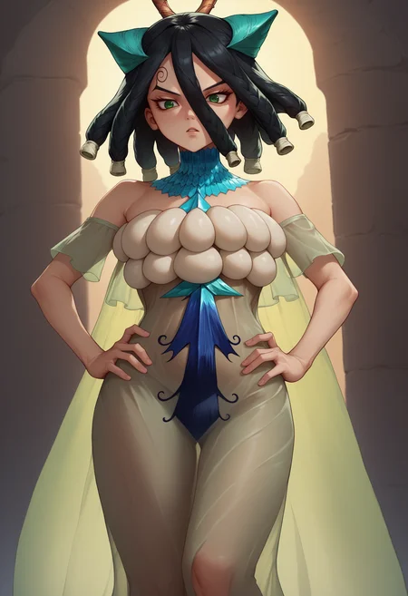 score_9, score_8_up, score_7_up,  1girl, Kirisame, green eyes, black hair, dreadlocks, hair between eyes, hair ornament, necklace, crystal, see-through dress, long dress, bare shoulders, brooch, <lora:KirisameDrStone_XLPD:1>, cowboy shot, hands on own hips,