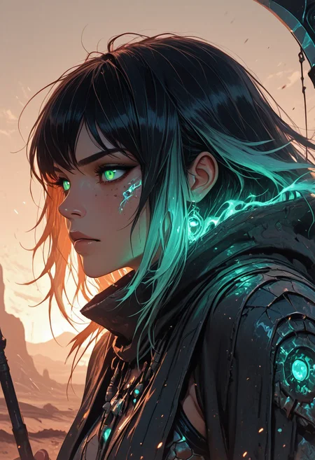 (masterpiece), (best quality), (8k), 1girl, cinematic lighting, dynamic action pose, mid-motion, desert setting, glowing heat haze, sun rays cutting through sand dust, monster scale armor, intricate textures, two-tone hair flowing in wind, intense expression, axe mid-swing, muscular build, determined face, cloak flaring behind, ambient particles in air, golden hour glow, cracked sandstone terrain, tribal hunter aesthetic, mid-leap or mid-charge, motion blur on background, focused eyes,
Close up, closeup,