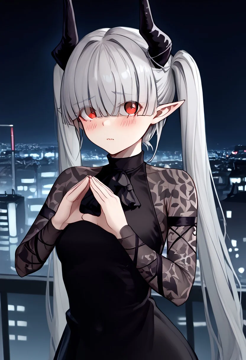 1girl, solo, highres, chained_sarkaz_girl, hair over eyes, eyes visible through hair, demon horns, blunt bangs, red eyes, pointy ears, pale skin, white hair, grey hair, twintails,
black dress, pantyhose, patterned clothes, see-through sleeves, black sock, black ascot,
triangle_hands, steepled fingers, hands up, own hands together, index finger together, looking at viewer, blush, embarassed, from side, dutch angle,
dark, night, night sky, cityscape, neon light, rooftop, backlighting,
