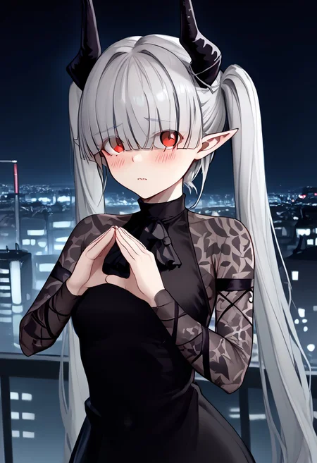 1girl, solo, highres, chained_sarkaz_girl, hair over eyes, eyes visible through hair, demon horns, blunt bangs, red eyes, pointy ears, pale skin, white hair, grey hair, twintails,
black dress, pantyhose, patterned clothes, see-through sleeves, black sock, black ascot,
triangle_hands, steepled fingers, hands up, own hands together, index finger together, looking at viewer, blush, embarassed, from side, dutch angle,
dark, night, night sky, cityscape, neon light, rooftop, backlighting,