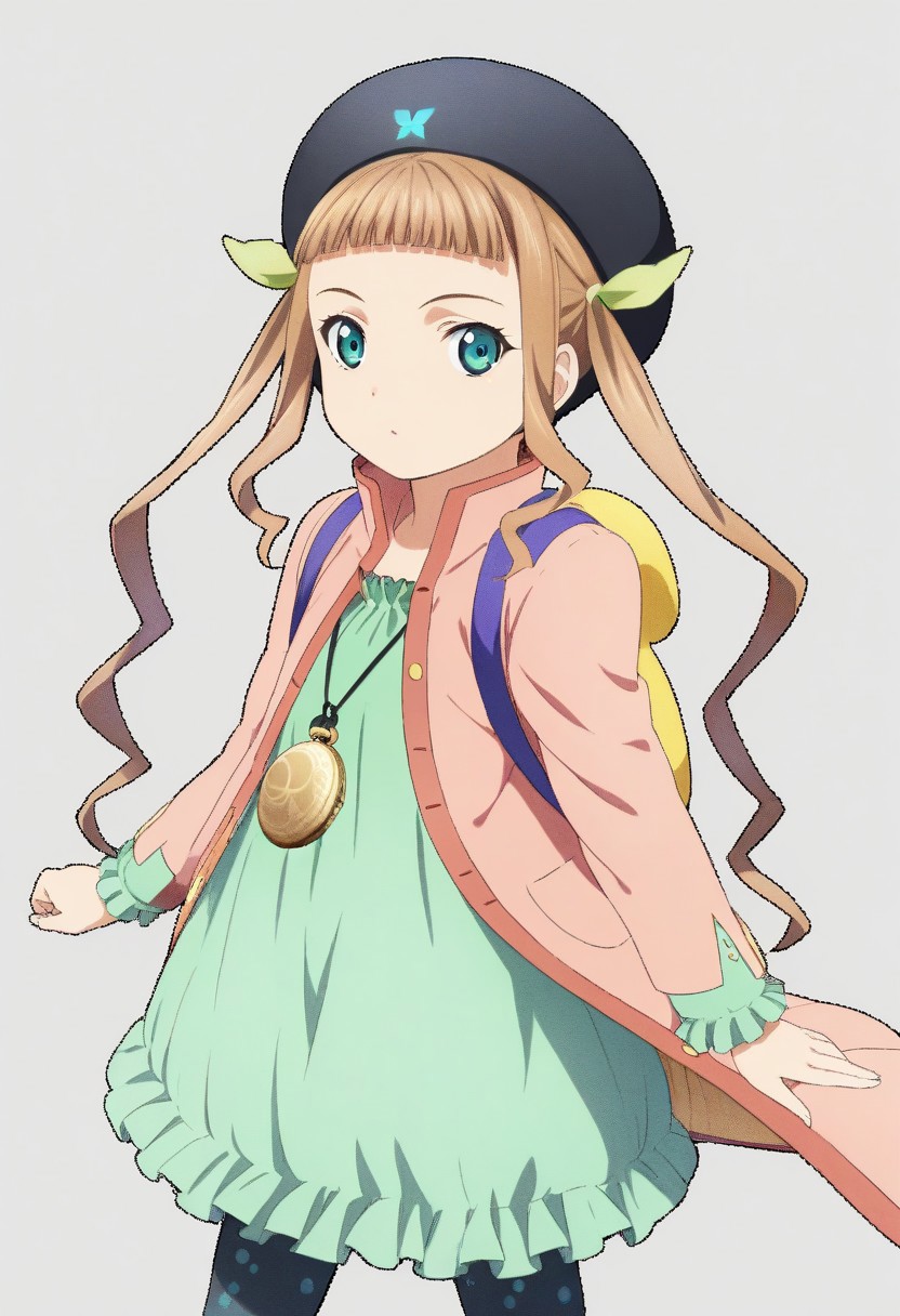 1girl, solo,elle mel marta, twintails, green eyes, light brown hair, long hair, blunt bangs, purple straps, backpack, black hat, [[black lanyard]], pocketwatch,green hairtie, pink coat, green dress, dark blue [[spotted]] leggings, green shoes, standing,