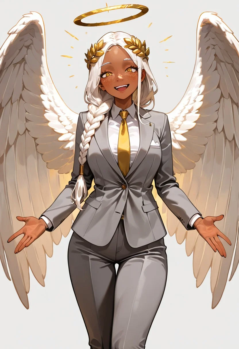 masterpiece, best quality, newest, absurdres, highres, DMIXV1.0, 1girl, dark skin, dark-skinned female, grey suit, suit official attire, official clothes, nectie, yellow necktie, white hair, long hair, braid, single braid, angel, angel girl, halo, wings, angel wings, smile, happy, open eyes, golden eyes, laurel crown, freckles,