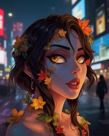 <lora:ck-LttleGhost-000011.safetensors:1> in the style of ck-lttlegh0stThe subject is a digitally rendered image featuring an ethereal woman with golden eyes and rosy lips. Her dark hair is adorned with glowing flowers that seem to grow organically from her skin. The backdrop is a blurred urban cityscape with neon lights, evoking a futuristic setting. Every aspect of this artwork is meticulously detailed, creating a captivating visual effect.