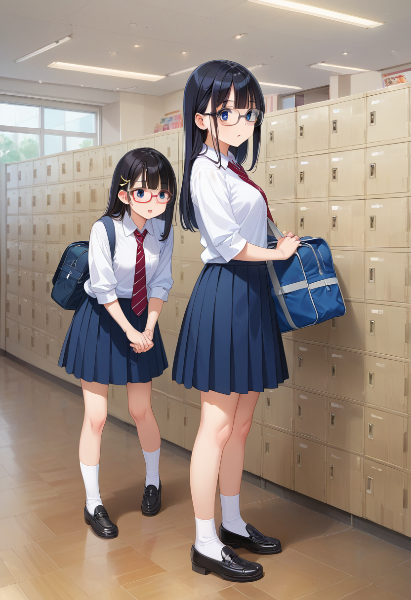 score_9, score_8_up, score_7_up, rating_safe, masterpiece, best quality, absurdres, unity 8k wallpaper, official art, official style, source_anime, uncensored, game cg, megami magazine,
multiple girls, glasses, black hair, long hair, blue eyes, collared shirt, red necktie, pleated skirt, blue skirt, socks, shoes, school bag,
getabako, locker, indoors, school, sunoko, 
 <lora:gakkou_getabako_PONY_V1:1>