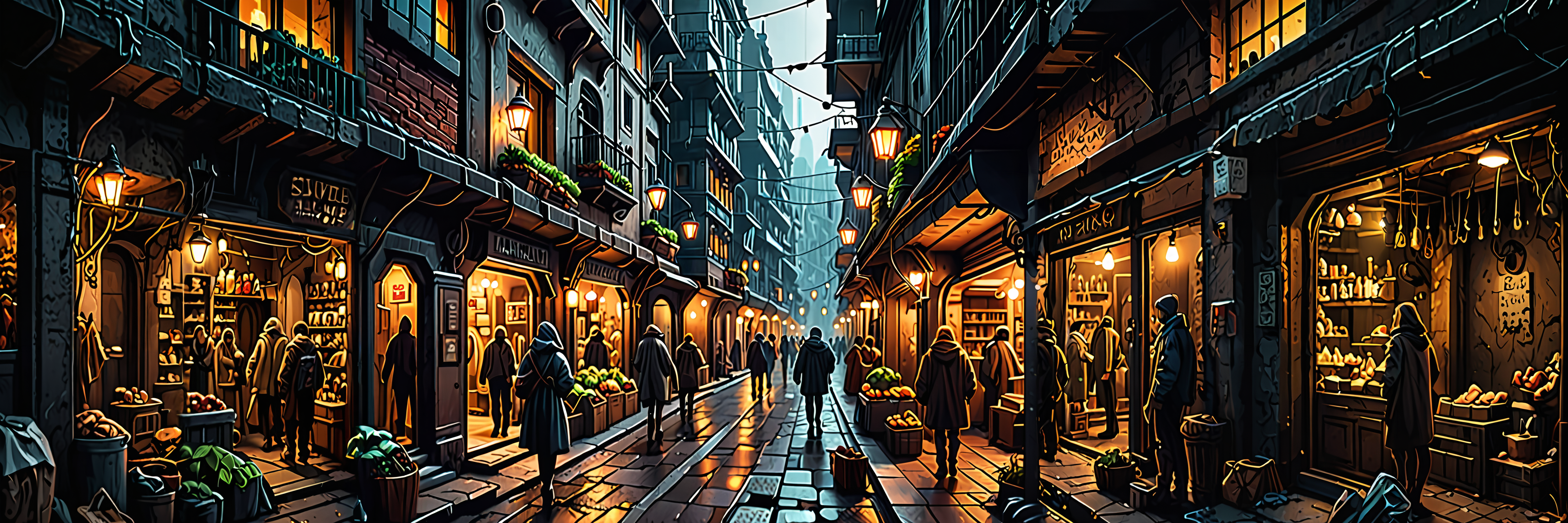 an underground city with shops houses and people <lora:add-detail-xl:1> extreme detail, high quality, dark  colors, dramatic shading