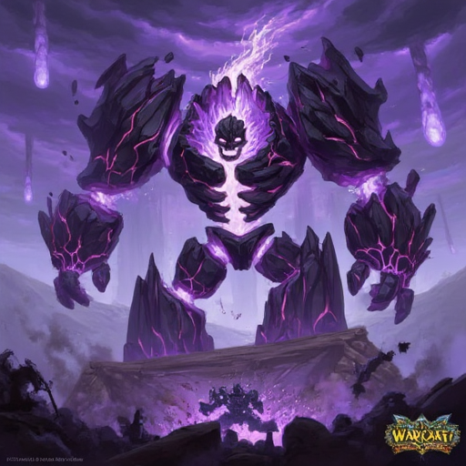 A massive, purple-themed Infernal from Warcraft, its body made of dark, jagged stone with glowing purple cracks of fel energy. It stands in a chaotic battlefield, surrounded by swirling purple flames and fel magic. Its eyes and mouth radiate an intense violet glow, and the sky above is filled with swirling purple clouds and arcane lightning, creating an epic and ominous atmosphere