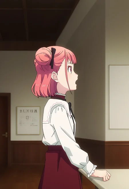 <lora:Suzunomiya_Arisu-pony:1>,
Suzunomiya Arisu, solo, hair bun, skirt, shirt, white shirt, long sleeves, indoors, red skirt, ribbon, open mouth, hairband, profile, from side, black ribbon