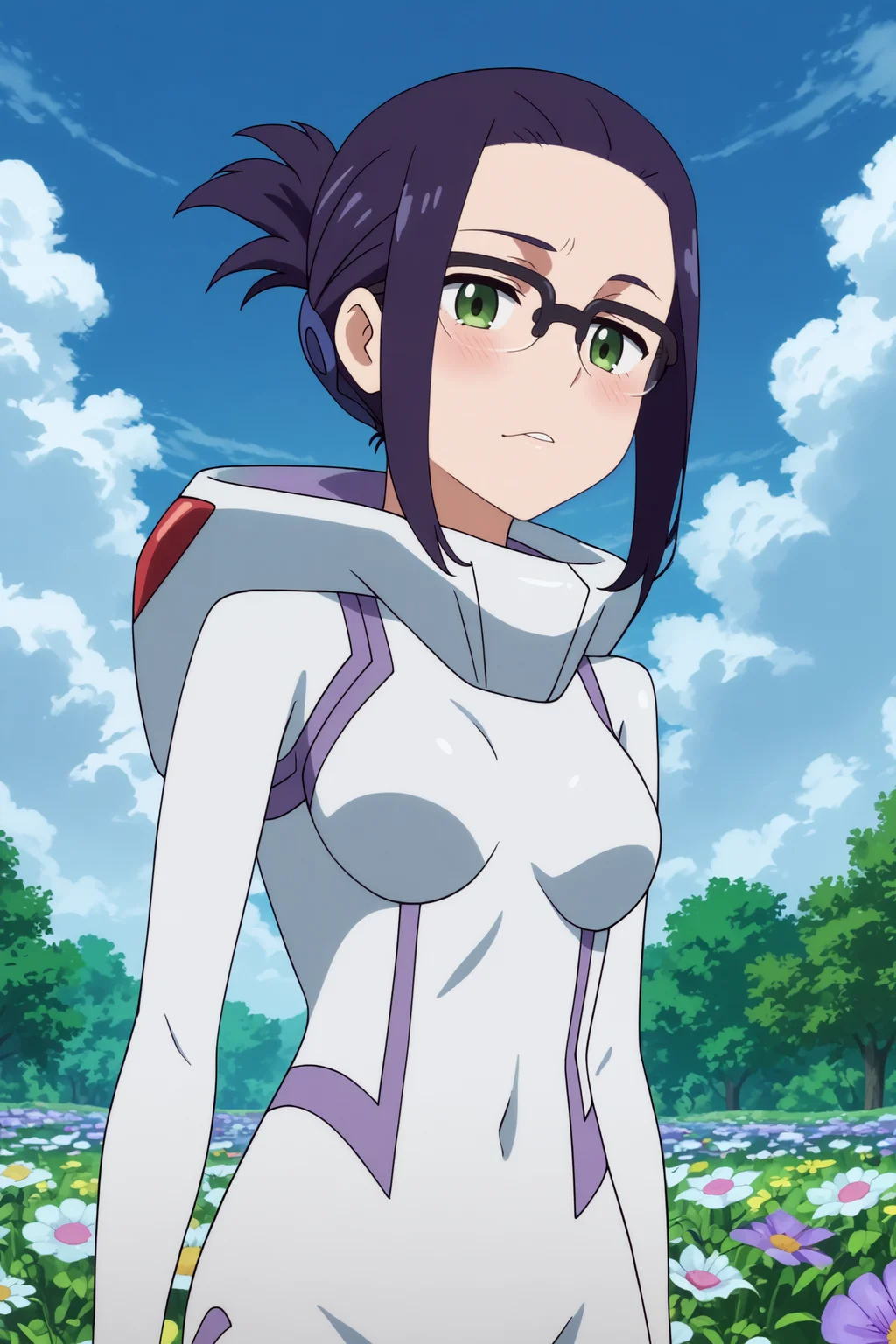 ikuno,1girl,solo,glasses,short hair,bodysuit,white bodysuit,folded ponytail,upper body,looking_at_viewer BREAK outdoors,blue sky,cloudy_sky,purple flower,flower field,tree <lora:Ikuno_-_Darling_in_the_franxx.safetensors:0.8> <lora:detailed_backgrounds_v2.safetensors:0.5>