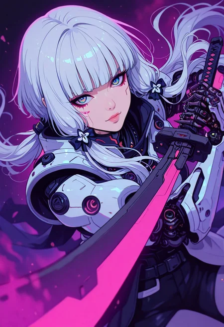 <lora:ck-nc-cyberpunk-IL-000011:0.35>,  masterpiece, best quality, good quality, very aesthetic, absurdres, newest, 8K, depth of field, focused subject, close-up shot, dynamic angle, wabi sabi warrior dressed in holographic armor, neon color splash, battle stance, holding a chromatic futuristic battle scared sword, skeletal hands, fierce look, cute face, silver platinum hair with black tips and an otherworldly aura around her, studio anime
in the style of cknc, in the style of ck-rw
<lora:MoriiMee_Gothic_Niji_Style_Illustrious_r1:0.5>
<lora:ck-neon-retrowave-IL:0.55>
<lora:ck-shadow-circuit-IL:0.65>