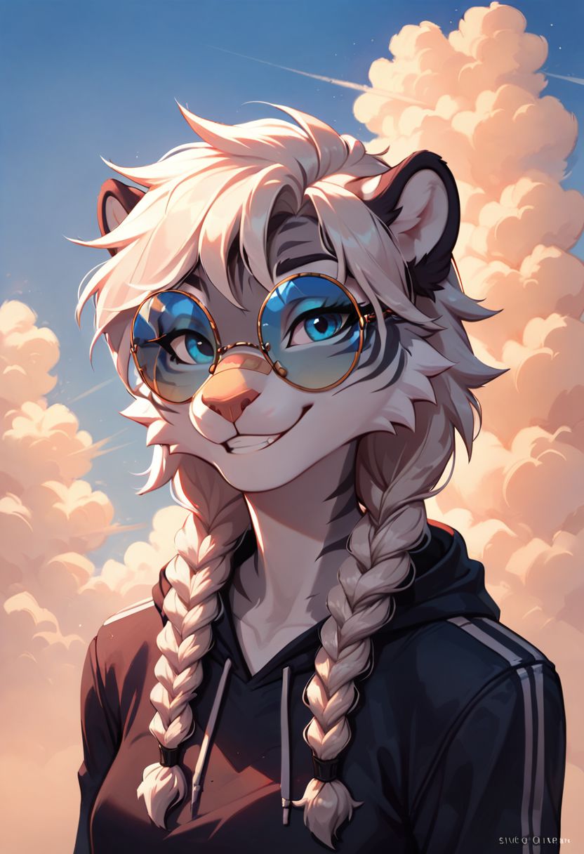 score_9, score_8_up, score_8, anthro gray tiger, furry gray tiger, Gray tiger, female, two braids in front of shoulder, one big braid on back, Gray Fur, black stripes ((body fur)), white hair, blue eyes, wearing black hoodie, cinematic style, 8k resolution, digital painting, solo, portrait, blue sky and clouds as background, flat color, wearing round shades with red glass, looking at viewer, scruffy hair, white band aid on nose, happy smile,
