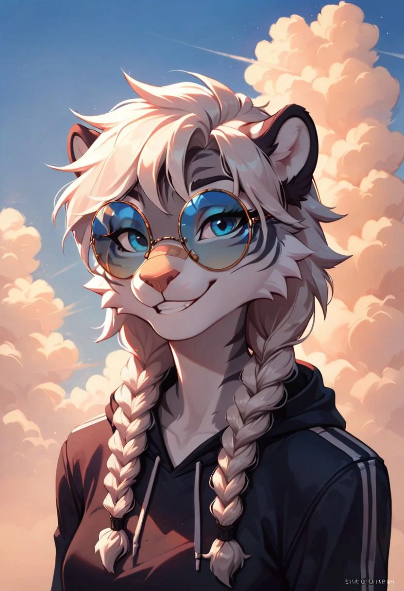 score_9, score_8_up, score_8, anthro gray tiger, furry gray tiger, Gray tiger, female, two braids in front of shoulder, one big braid on back, Gray Fur, black stripes ((body fur)), white hair, blue eyes, wearing black hoodie, cinematic style, 8k resolution, digital painting, solo, portrait, blue sky and clouds as background, flat color, wearing round shades with red glass, looking at viewer, scruffy hair, white band aid on nose, happy smile,