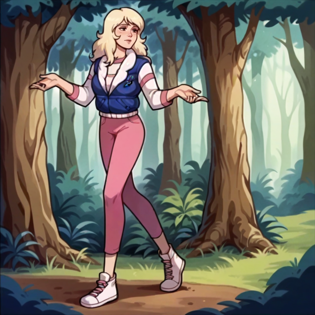 score_9,  woman, solo, <lora:(Dinosaucers) - Sarah Spencer:0.8> sarahspencer, blonde hair, long hair, jacket, pants, shoes, forest,